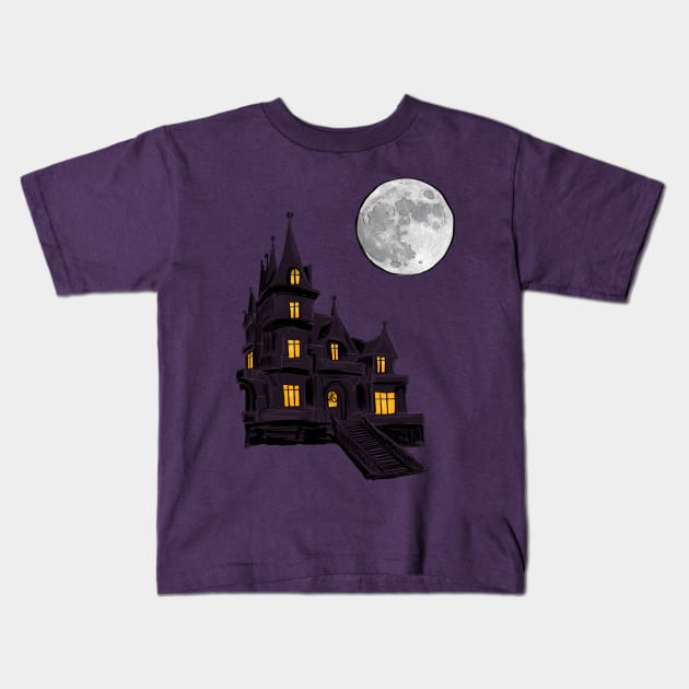 Haunted house with full moon Kids T-Shirt by Bwiselizzy